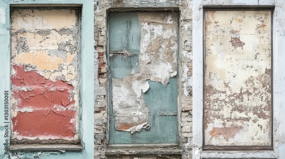Naklejka premium Peeling paint shows old weathered window frames.