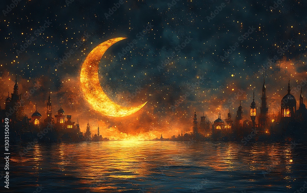 Fototapeta premium Glowing Crescent Moon Reflecting Over Tranquil Sea with Ancient City Silhouette