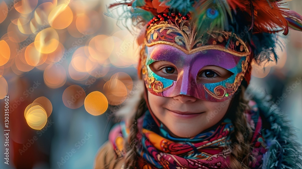 A young girl smiling while wearing a festive mask A young girl smiling while wearing a festive mask