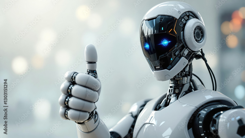 Naklejka premium Robotic Figure Showing Thumbs-Up Gesture on Technology Scene for Automation Display