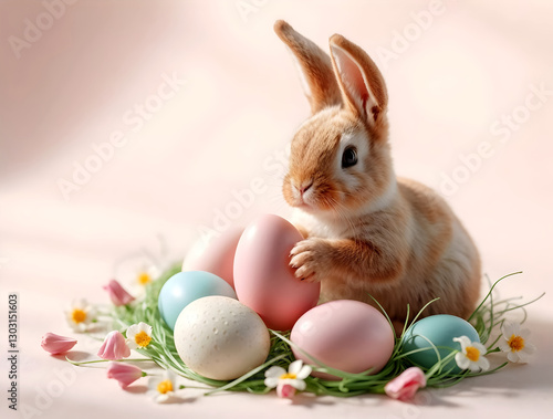 Obraz na płótnie Happy easter, traditional background, decorated eggs, bunny, culture and religion, seasonal template w salonie