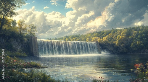 Serene waterfall cascading into calm river, lush forest backdrop, idyllic landscape for travel brochure