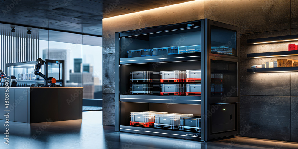 A modern supply chain storage rack with LED-lit shelves holding digitally tagged plastic crates, a small robotic retrieval arm positioned nearby. A modern supply chain storage rack with LED-lit shelves holding digitally tagged plastic crates, a small robotic retrieval arm positioned nearby.