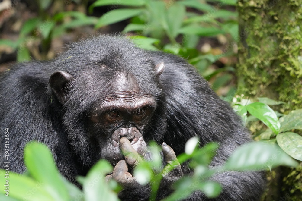 Obraz premium Close-up portrait of a wild chimpanzee in Kibale National Park, Uganda, surrounded by lush tropical forest vegetation in its natural rainforest habitat.