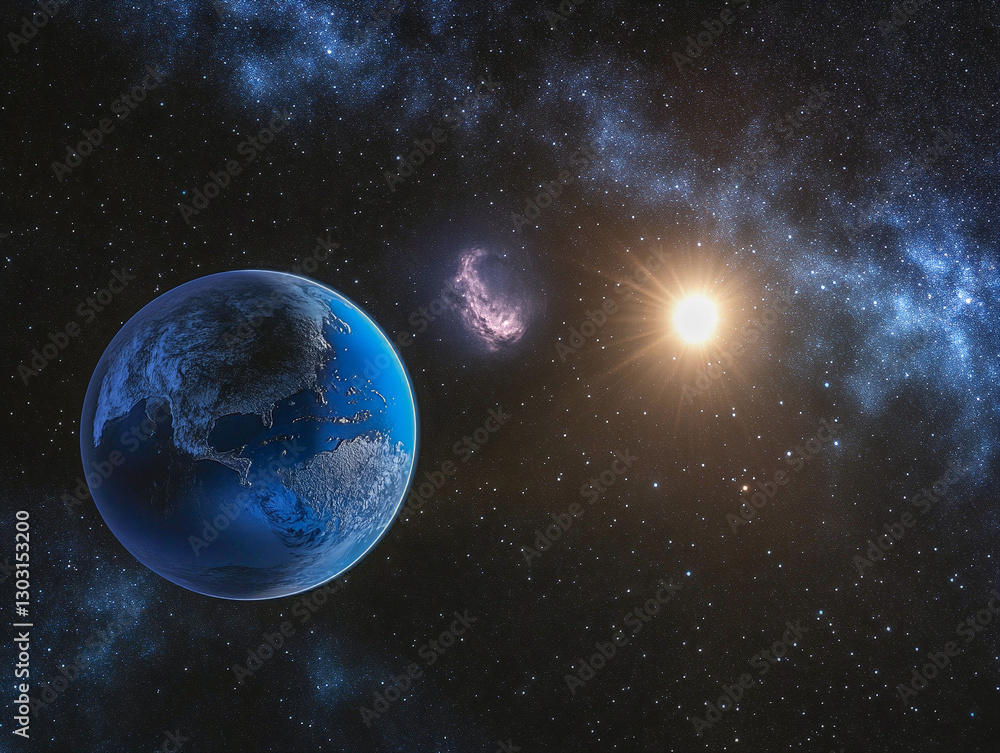 Obraz premium In a tranquil display of cosmic beauty, a bright blue Earth floats amidst a backdrop of twinkling stars and swirling galaxies, illuminated by a distant sun. The depth of space surrounds it