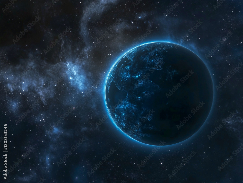 Fototapeta premium An ethereal blue Earth glows softly against a dark cosmic backdrop filled with distant stars and swirling galaxies, creating a peaceful and mesmerizing atmosphere in space