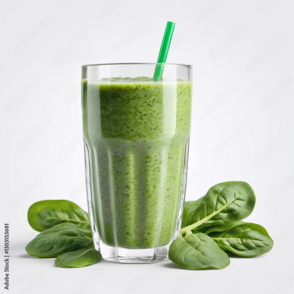 A glass of spinach smoothie with fresh green leaves isolated on a white background. Healthy drink. Close-up image of food, macro. Design and advertising element, banner A glass of spinach smoothie with fresh green leaves isolated on a white background. Healthy drink. Close-up image of food, macro. Design and advertising element, banner