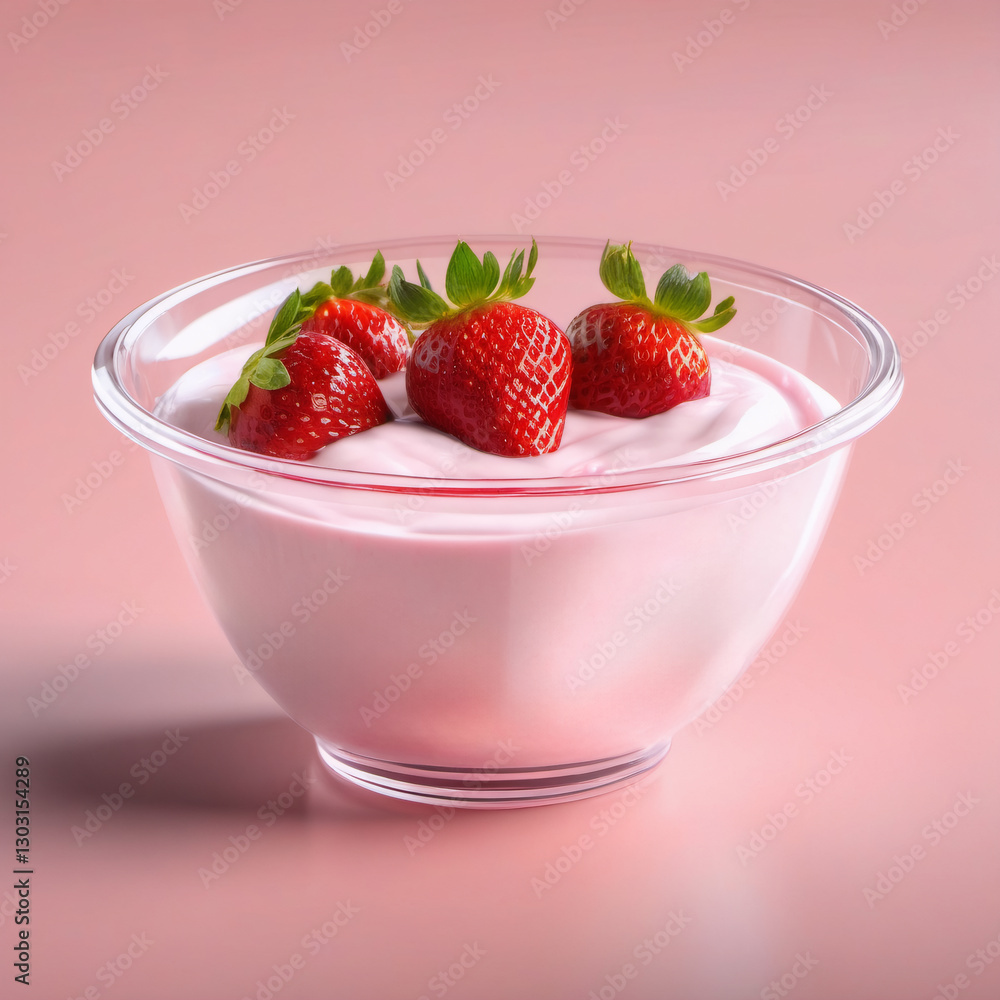 Bowl of strawberry yogurt isolated on pink background. Ripe fresh berries close-up. Healthy breakfast. Advertising design element Bowl of strawberry yogurt isolated on pink background. Ripe fresh berries close-up. Healthy breakfast. Advertising design element