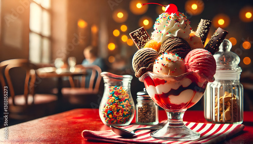 A delicious ice cream sundae beautifully decorated on a red table.