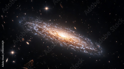 The faint outline of a dwarf galaxy glowing softly against the vast darkness of space