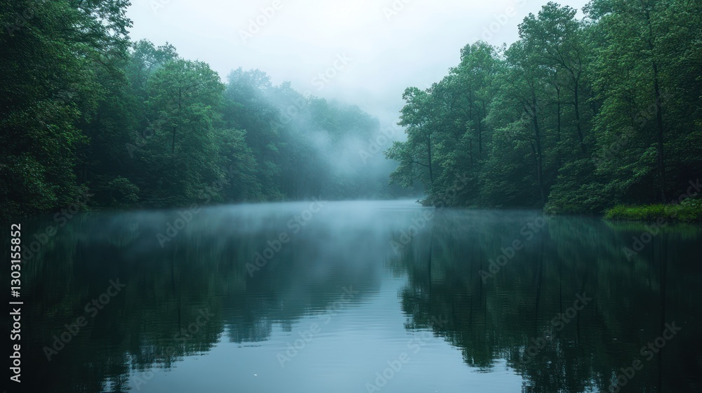 Misty morning lake reflecting lush green trees. Misty morning lake reflecting lush green trees.