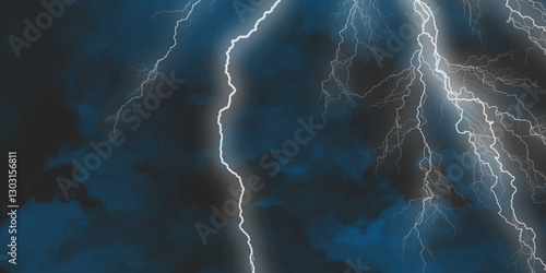 Lightning, thunder cloud dark cloudy sky. Fork lightning striking down during summer storm. intense lightning lighting up the sky .



