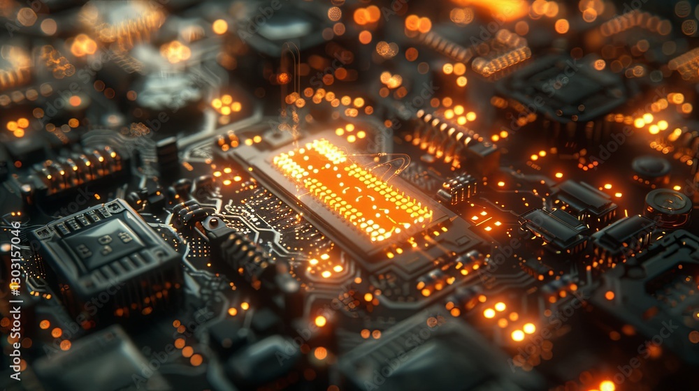 A glowing and intricate close up of a computer motherboard A glowing and intricate close up of a computer motherboard