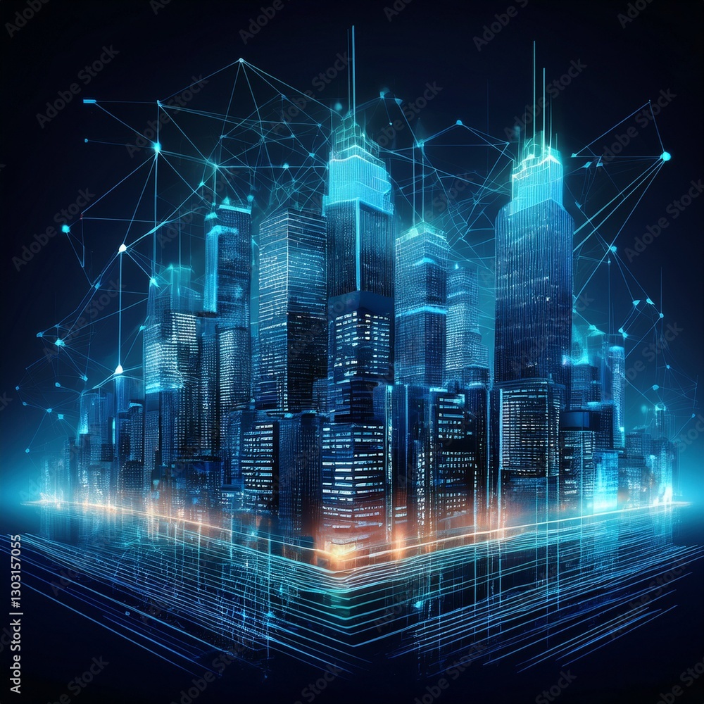 Obraz premium Modern buildings, abstract city network connection, city landscape backgrounds