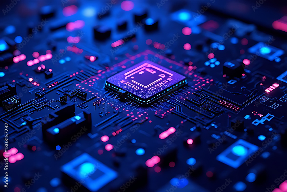 Futuristic Computer Motherboard with Glowing Microprocessor Futuristic Computer Motherboard with Glowing Microprocessor