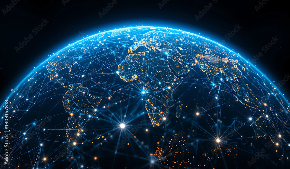 Obraz premium A glowing digital globe, illustrating global connectivity and network infrastructure. Represents worldwide communication, data transfer, and the interconnectedness of our modern world.