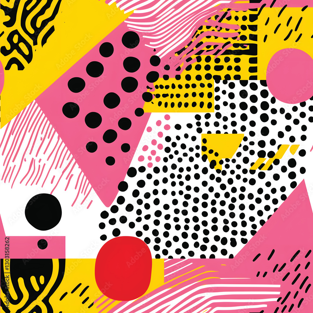 Bold and Vibrant Memphis-Inspired Abstract Pattern with Geometric Shapes, Polka Dots, and Dotted Textures.Perfect for textile prints, graphic design backgrounds Bold and Vibrant Memphis-Inspired Abstract Pattern with Geometric Shapes, Polka Dots, and Dotted Textures.Perfect for textile prints, graphic design backgrounds