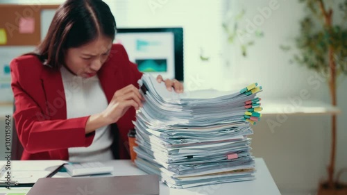 Exhausted professional woman battling heavy paperwork, feeling stressed and overwhelmed while struggling with massive administrative workload at modern office workspace
