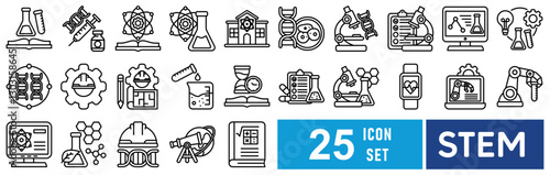 STEM icon set with chemistry, syringe, book, chemical reaction, laboratory, cell, microscope slides, research