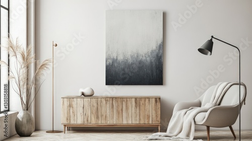 Minimalist Living Room Interior Featuring Textured Abstract Artwork Wooden Cabinet and Modern Lighting