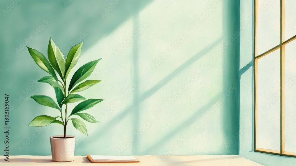 Serene indoor space featuring a potted plant by a sunlit window with soft shadows Serene indoor space featuring a potted plant by a sunlit window with soft shadows