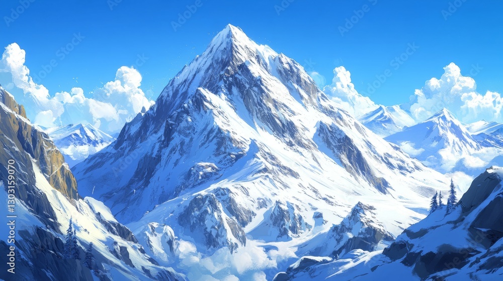 Obraz premium Snow-covered mountain peak under a clear blue sky, jagged rocks and icy slopes, majestic nature background