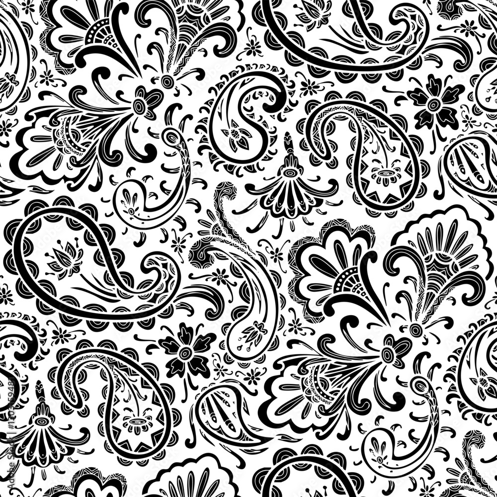 Fototapeta premium Paisley floral pattern, abstract flowers, black and white colors. Seamless floral pattern-660.