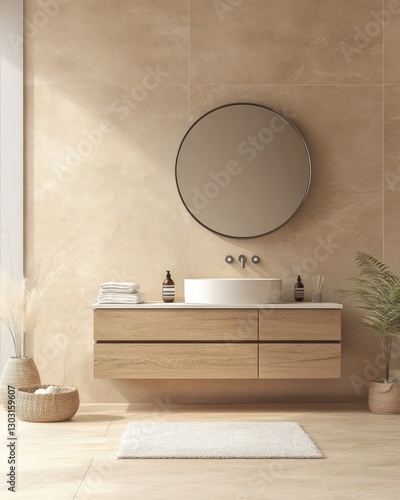 Modern Bathroom Interior With Beige Color Scheme Round Mirror And Wooden Vanity Cabinet