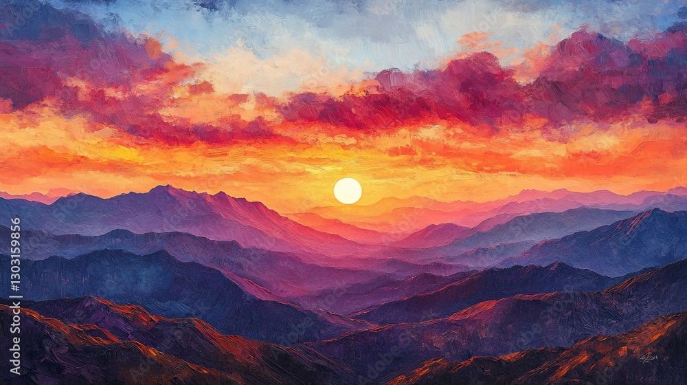 Obraz premium Vibrant sunset over layered mountains; peaceful landscape for travel posters
