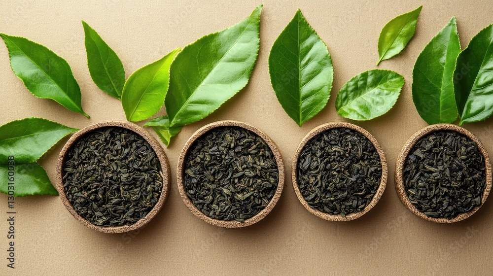 A display of green tea leaves and dried tea in bowls, emphasizing natural ingredients. A display of green tea leaves and dried tea in bowls, emphasizing natural ingredients.