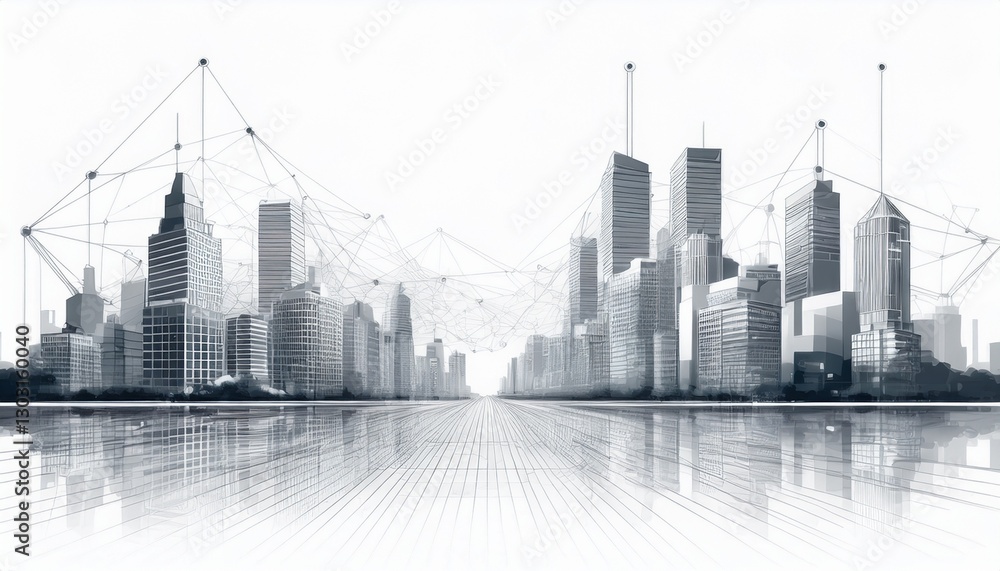 Naklejka premium Modern buildings, abstract city network connection, city landscape backgrounds