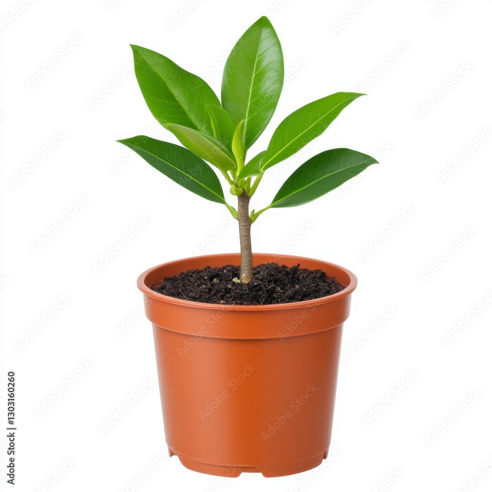 A vibrant green seedling with several leaves sprouts from dark brown soil in a terracotta pot against a white background A vibrant green seedling with several leaves sprouts from dark brown soil in a terracotta pot against a white background