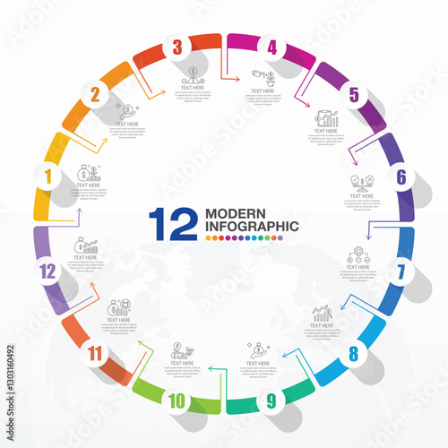 Modern circle infographic with 12 steps, process or options.