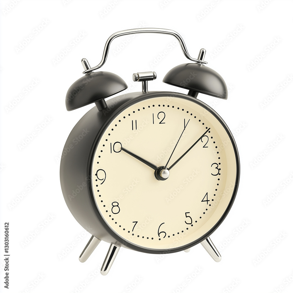3D render of a black twin-bell alarm clock with white clock face, showing the time clearly with an analog display, isolated on white background 3D render of a black twin-bell alarm clock with white clock face, showing the time clearly with an analog display, isolated on white background