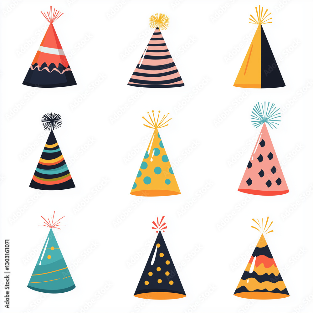 Illustration of colorful party hats with different patterns and designs, perfect for festive birthday celebrations Illustration of colorful party hats with different patterns and designs, perfect for festive birthday celebrations