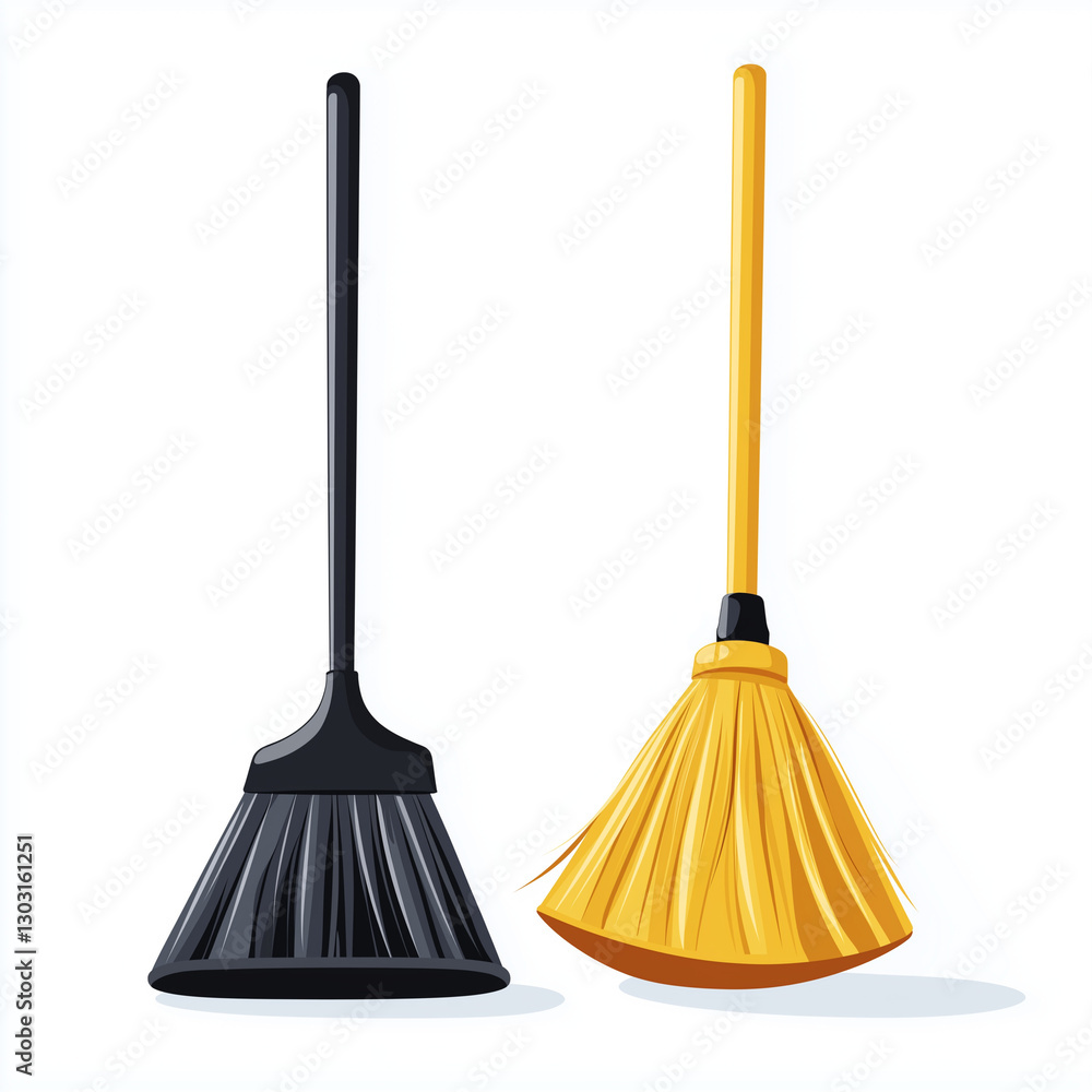 Vector illustration of a modern black and yellow broom with a dustpan, symbolizing home cleaning essentials Vector illustration of a modern black and yellow broom with a dustpan, symbolizing home cleaning essentials