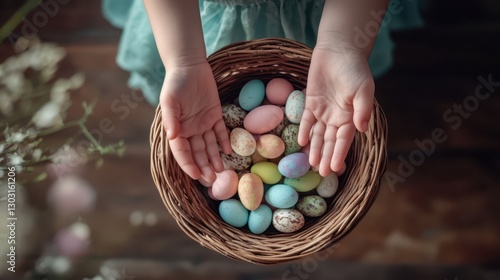 Little girl’s hands reaching into a basket full of colorful Easter eggs