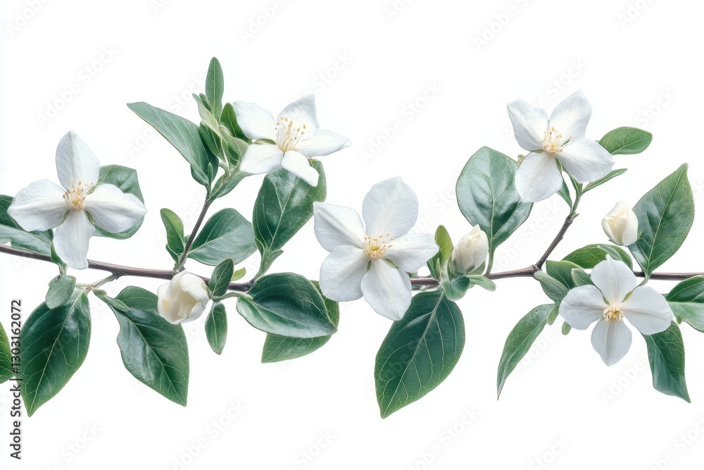 Fototapeta premium a cluster of elegant white flowers, perfectly capturing the freshness of spring, with their delicate petals and green leaves. The composition is simple yet captivating