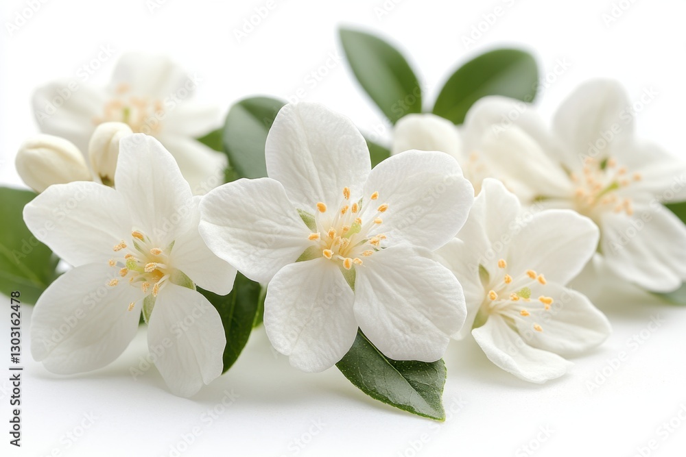 Fototapeta premium a cluster of elegant white flowers, perfectly capturing the freshness of spring, with their delicate petals and green leaves. The composition is simple yet captivating