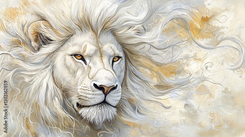 Majestic White Lion Portrait in a Golden Haze