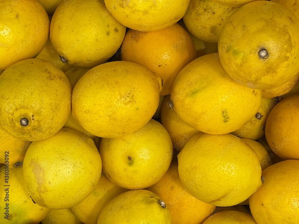 Fresh Lemons Piled High in a Market, Showcasing Vibrant Yellow Color and Natural Imperfections Fresh Lemons Piled High in a Market, Showcasing Vibrant Yellow Color and Natural Imperfections