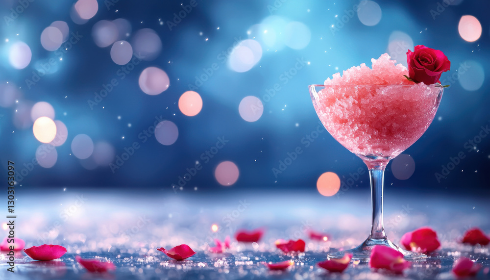 Refreshing lychee granita garnished with rose petals in glass