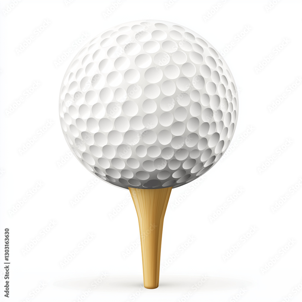 A detailed golf ball sitting on a tee, essential for beginning a shot in the sport of golf A detailed golf ball sitting on a tee, essential for beginning a shot in the sport of golf