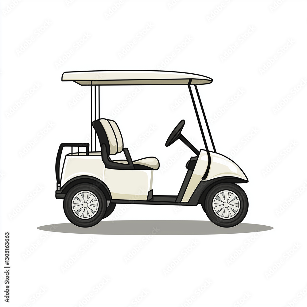 A side-view illustration of a white golf cart with an open roof, ideal for moving around golf courses A side-view illustration of a white golf cart with an open roof, ideal for moving around golf courses