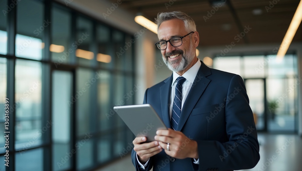 Happy middle aged business man ceo wearing suit standing in office using digital tablet. Smiling mature businessman professional executive manager looking away thinking working on tech device. Happy middle aged business man ceo wearing suit standing in office using digital tablet. Smiling mature businessman professional executive manager looking away thinking working on tech device.
