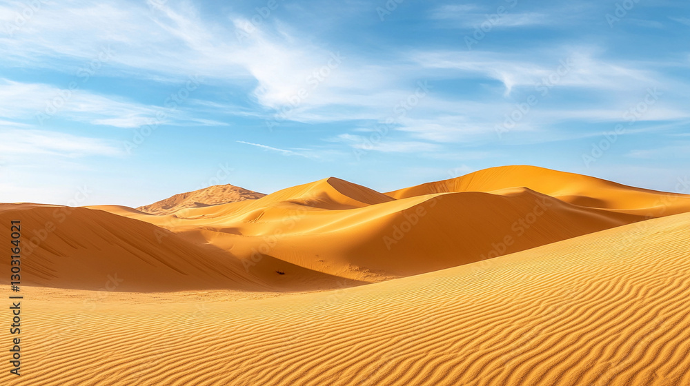 Golden dunes ripple under a bright sky in an expansive desert landscape showcasing natural beauty and tranquility in the heart of the arid region at midday. Generative AI Golden dunes ripple under a bright sky in an expansive desert landscape showcasing natural beauty and tranquility in the heart of the arid region at midday. Generative AI