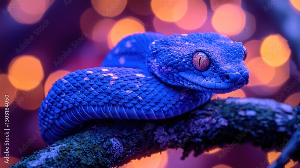 Fototapeta premium Vibrant blue snake on branch, bokeh lights