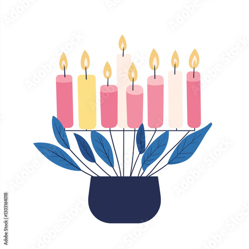 Modern menorah with candles placed in a blue floral pot, representing a contemporary take on the Hanukkah tradition photo