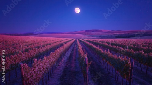 Serene Vineyard Under a Full Moon at Twilight