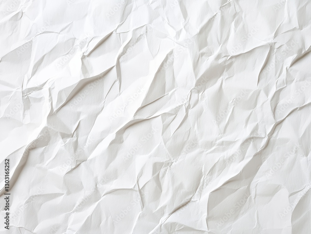 Crumpled white paper texture showcasing intricate folds and shadows Crumpled white paper texture showcasing intricate folds and shadows
